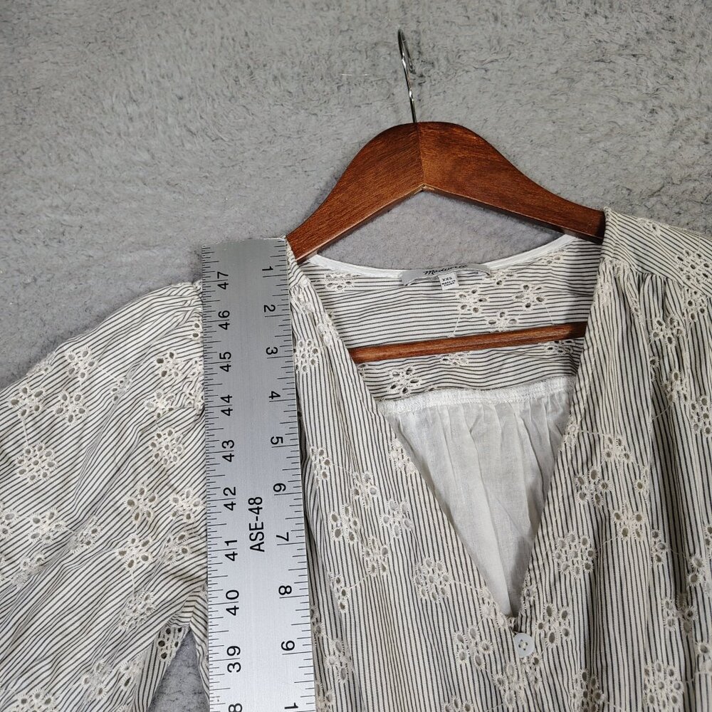 Madewell Mini Dress Women's 2XS White Black Striped Eyelet Sophia Puff Sleeve - Picture 3 of 13
